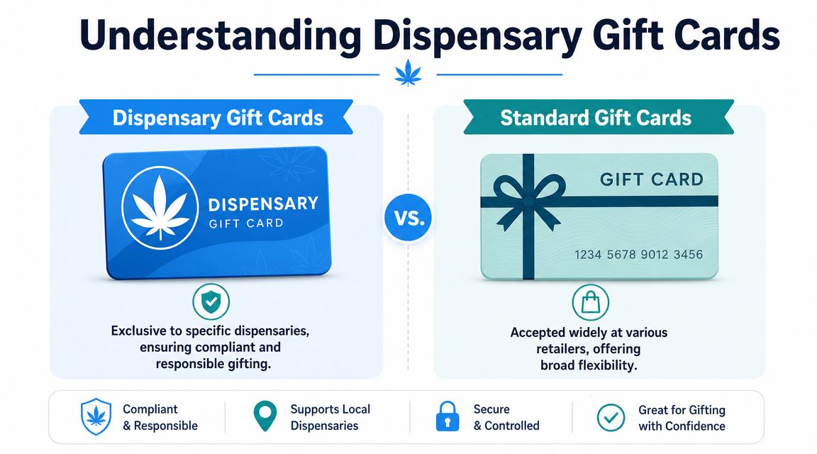 An infographic comparing specific dispensary gift cards with general-purpose gift cards, highlighting compliance and localized retail benefits.