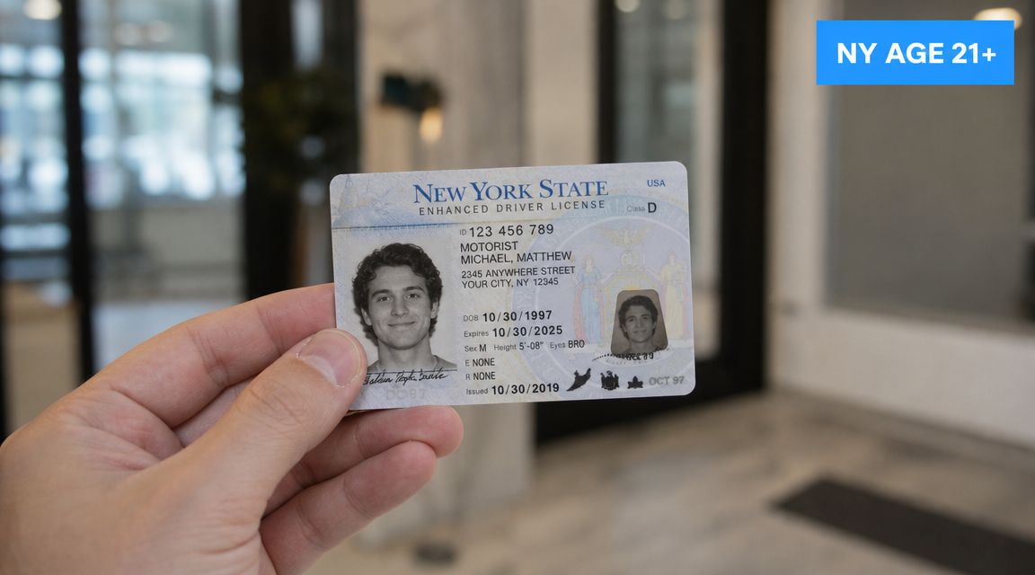 A hand holding a New York State enhanced driver license card for identification purposes.