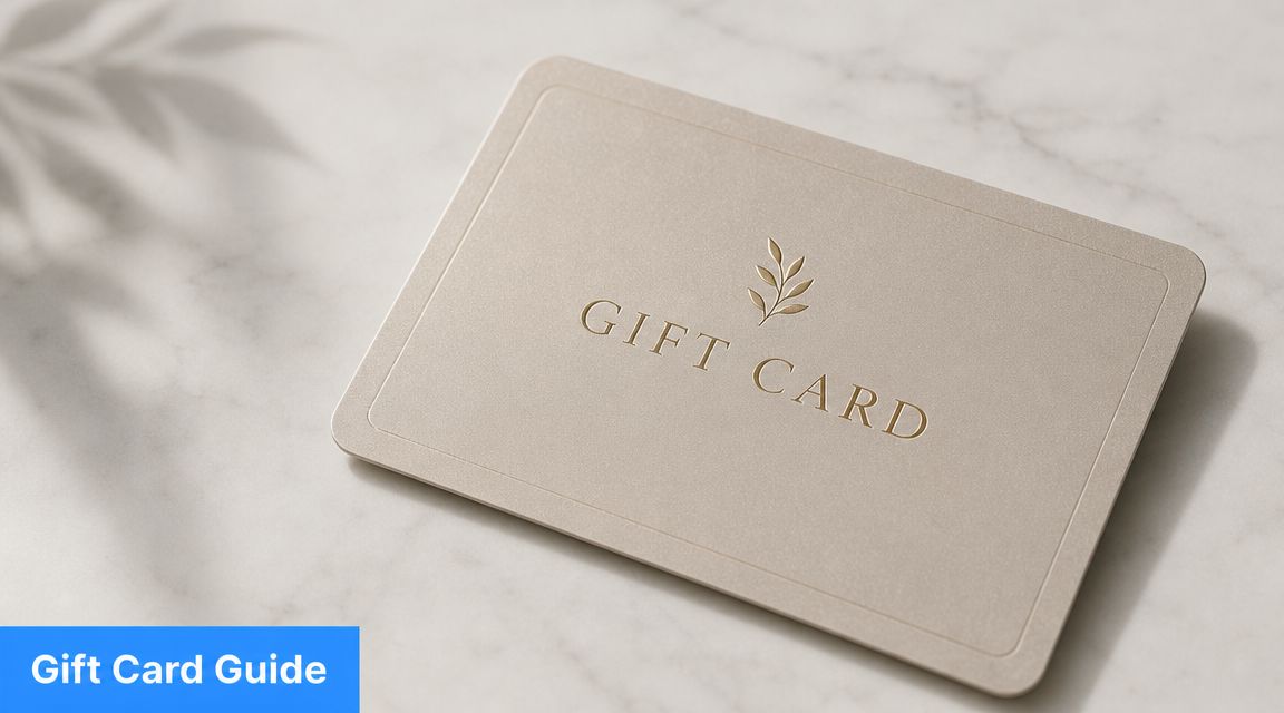 A minimalist and elegant beige gift card featuring a delicate leaf illustration, resting on a marble surface.