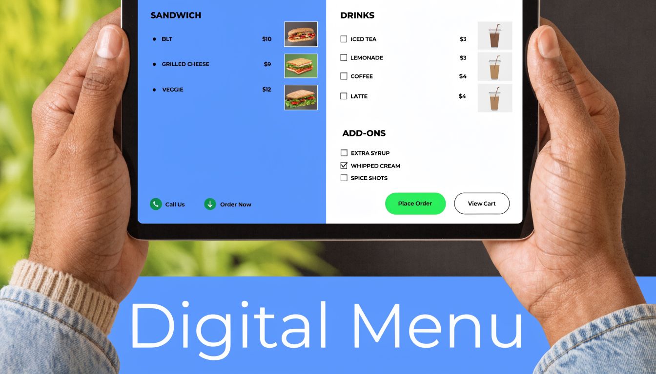 A person holding a tablet displaying a digital restaurant menu with sandwich and beverage ordering options.