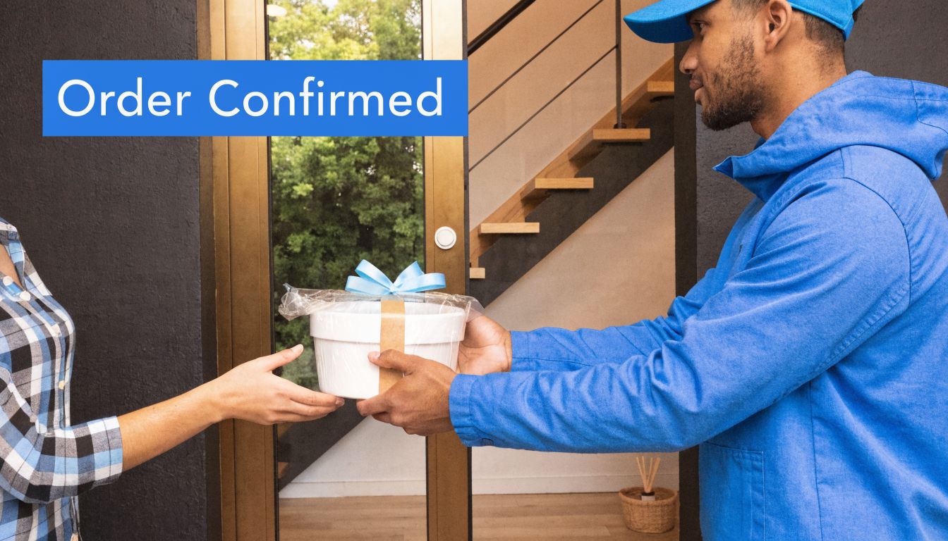 A delivery man in a blue uniform handing a gift box to a customer at a door.
