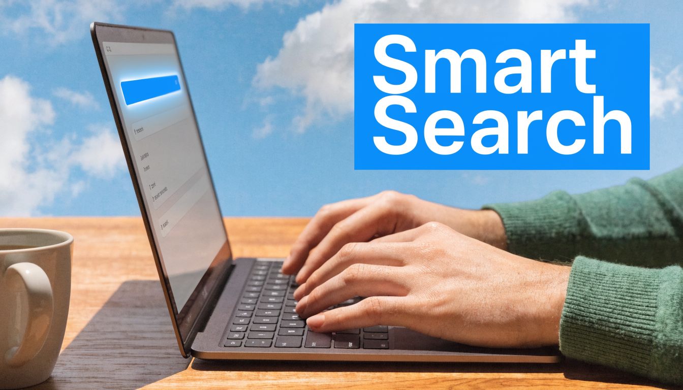 A person using a laptop with a Smart Search interface displayed on a wooden table outdoors.