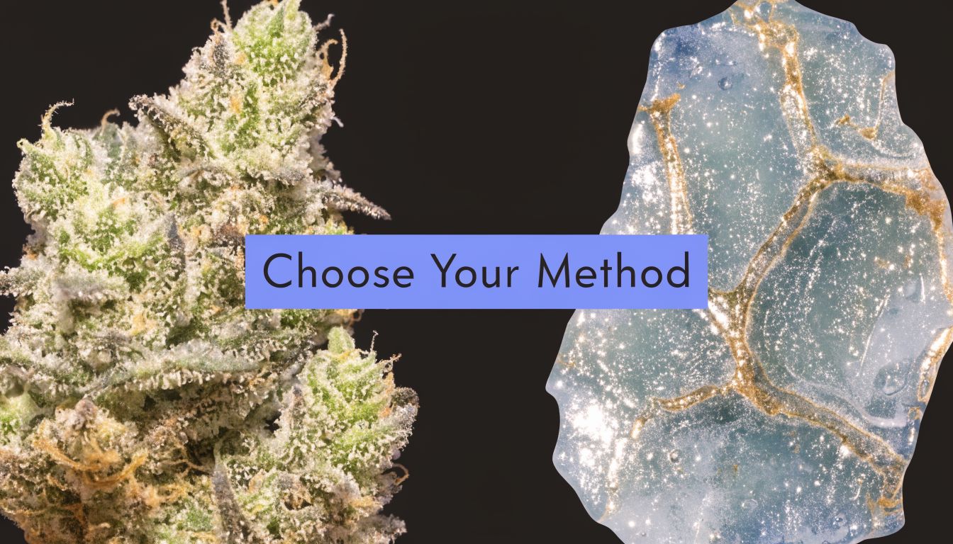 A cannabis flower bud sits next to a shimmering blue translucent resin shard on black background.