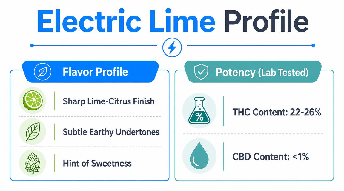 A professional infographic detailing the flavor profile and potency levels of the Electric Lime cannabis strain.