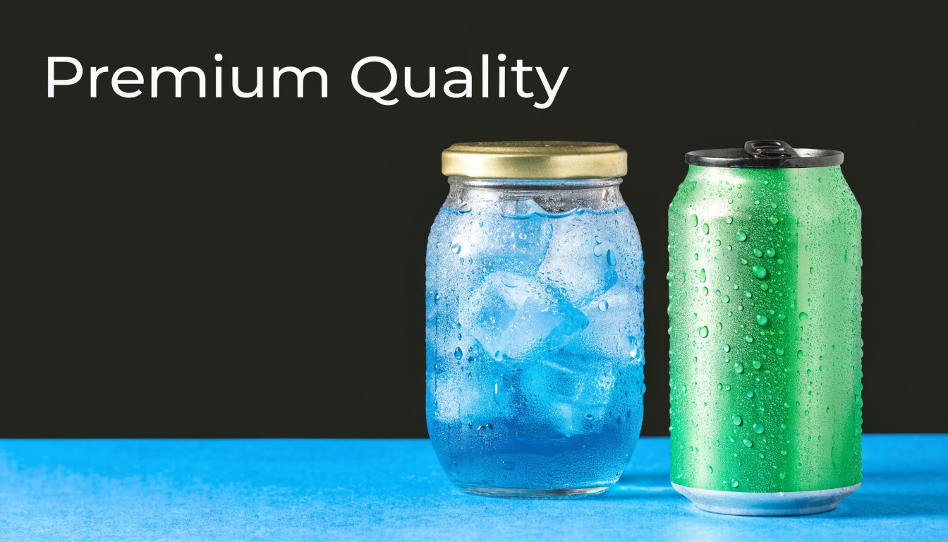 A glass jar with a blue iced drink next to a cold green aluminum soda can.