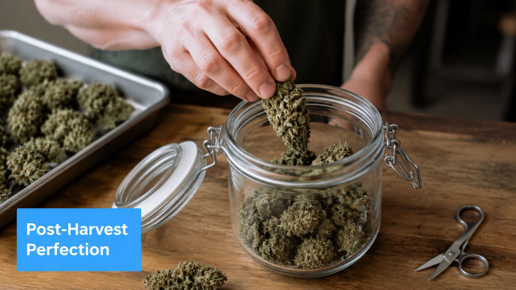 A person places a manicured cannabis bud into a clear glass jar for curing and storage.