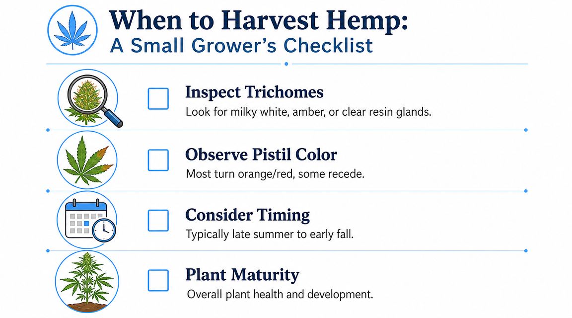 A checklist infographic illustrating four key signs indicating when to harvest hemp for small growers.