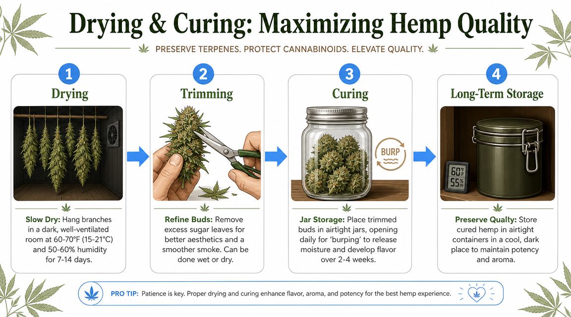 An infographic showing the four steps of processing hemp: drying, trimming, curing, and long-term storage.