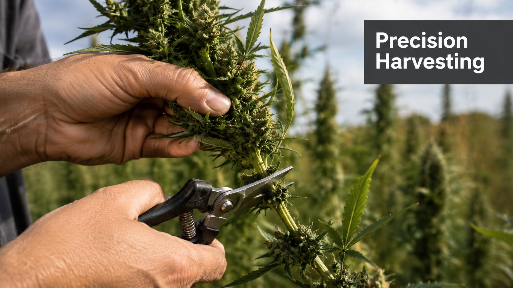A close-up view of a person using hand pruners to carefully harvest a cannabis hemp flower.