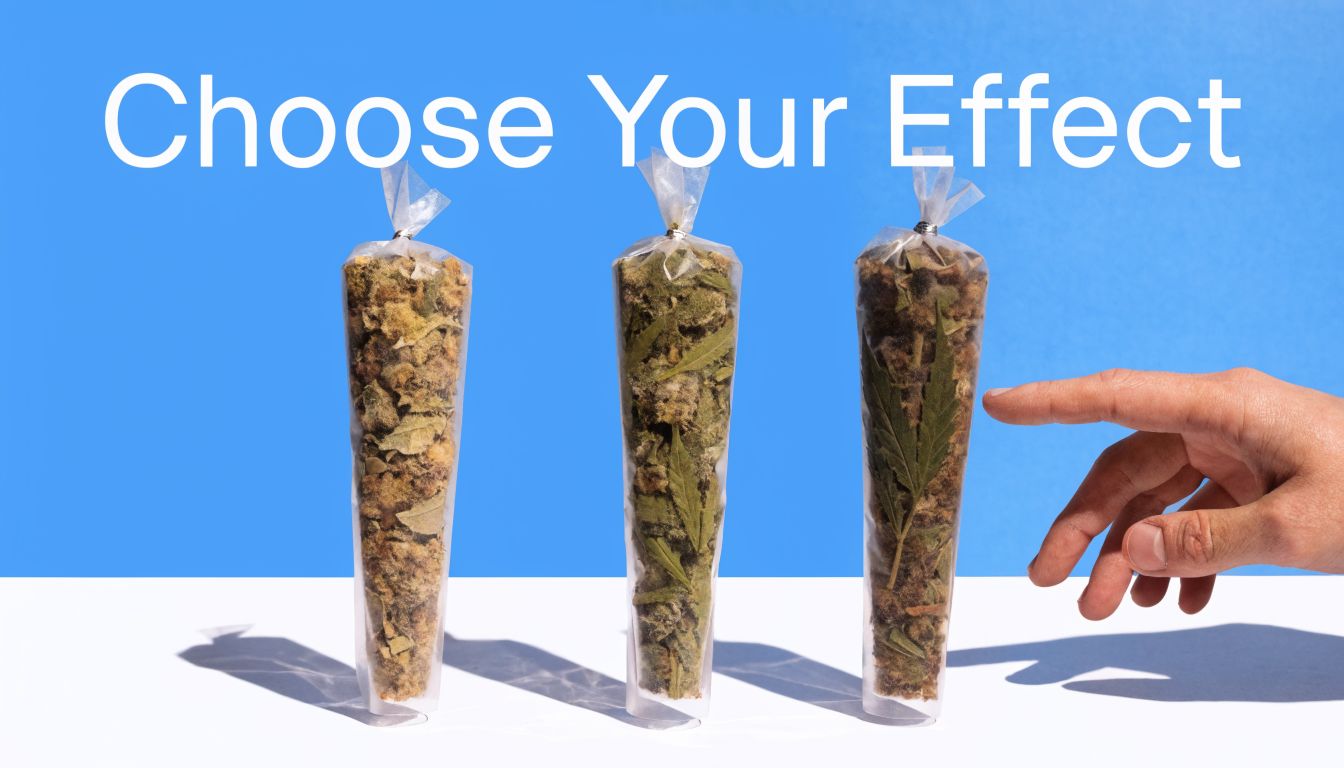 A hand reaching toward three clear cones filled with different types of cannabis flower against blue background.