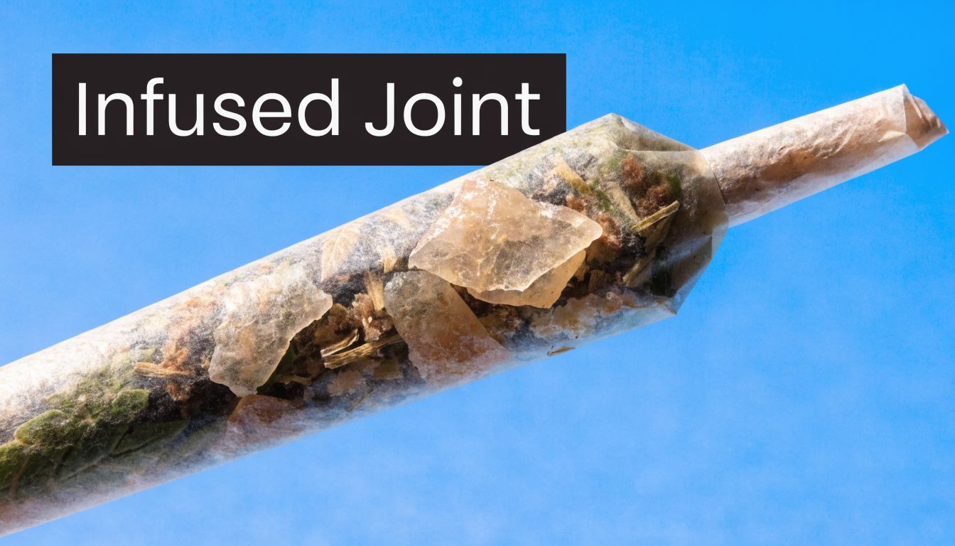 A close up view of a cannabis infused pre roll joint against a bright blue background.