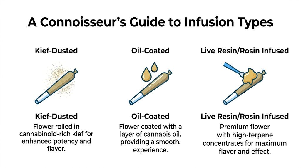 A visual guide illustrating three types of infused pre-rolls: Kief-Dusted, Oil-Coated, and Live Resin/Rosin Infused.