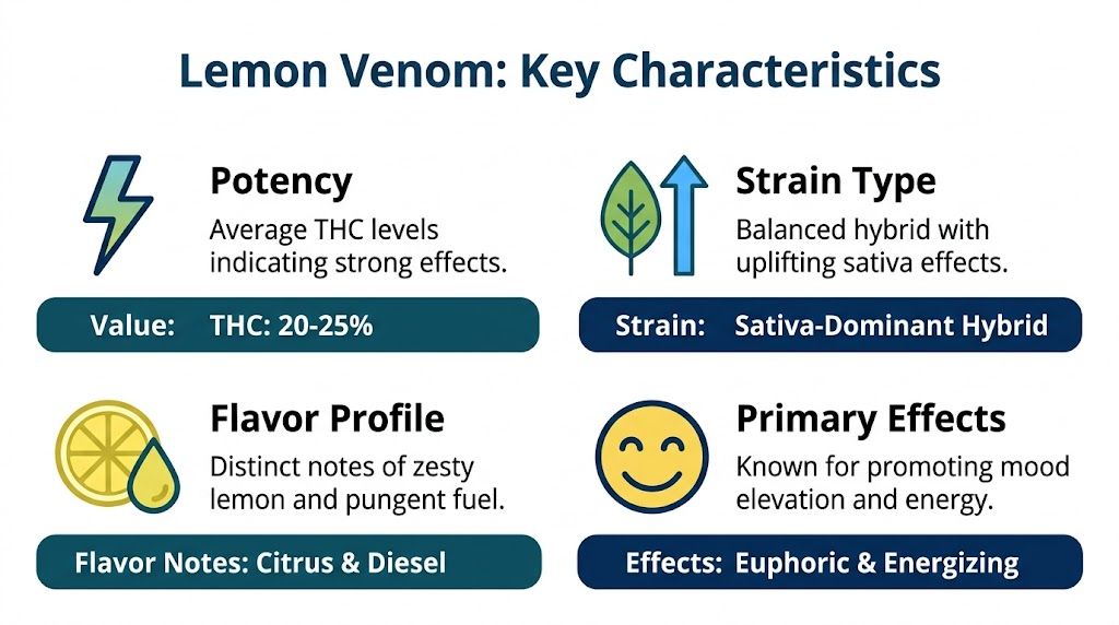 An informational infographic detailing the potency, strain type, flavor profile, and primary effects of Lemon Venom.