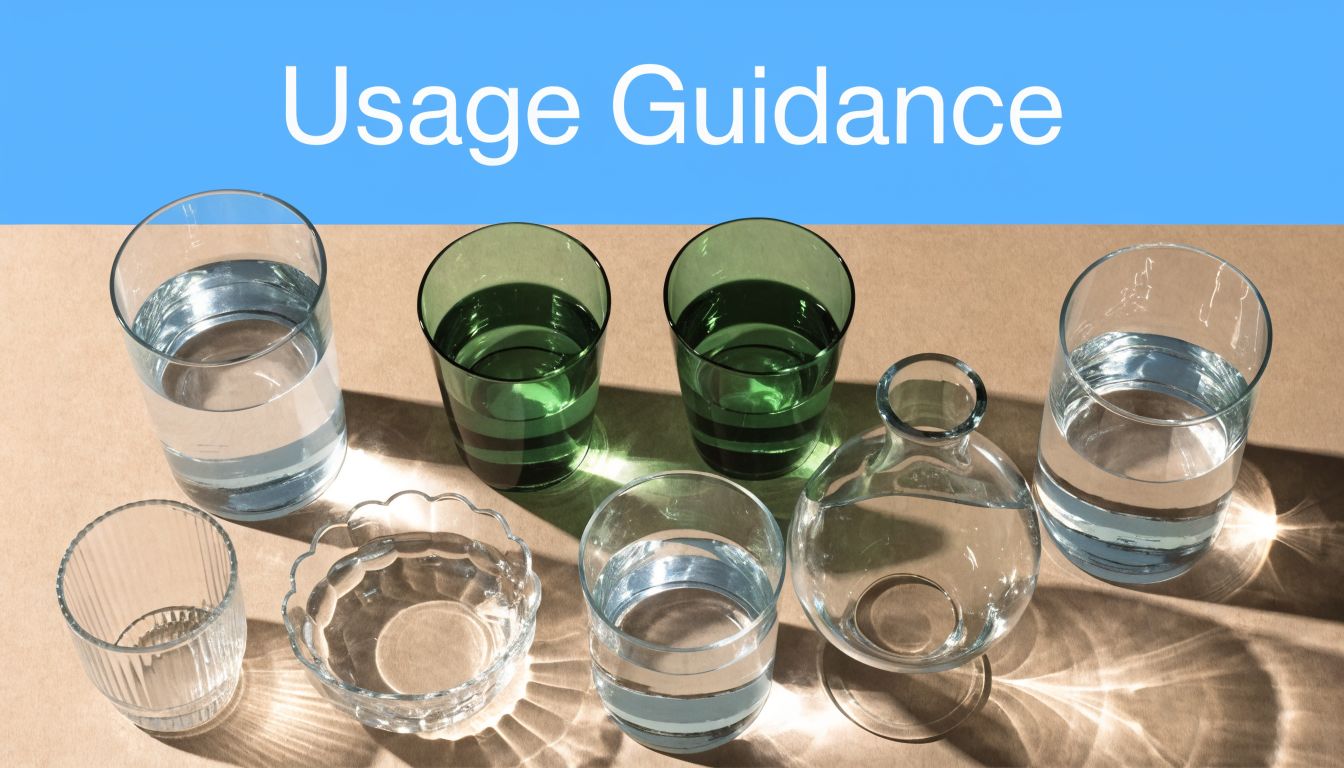 Several clear and tinted glass cups and bowls filled with water arranged on a light brown surface.