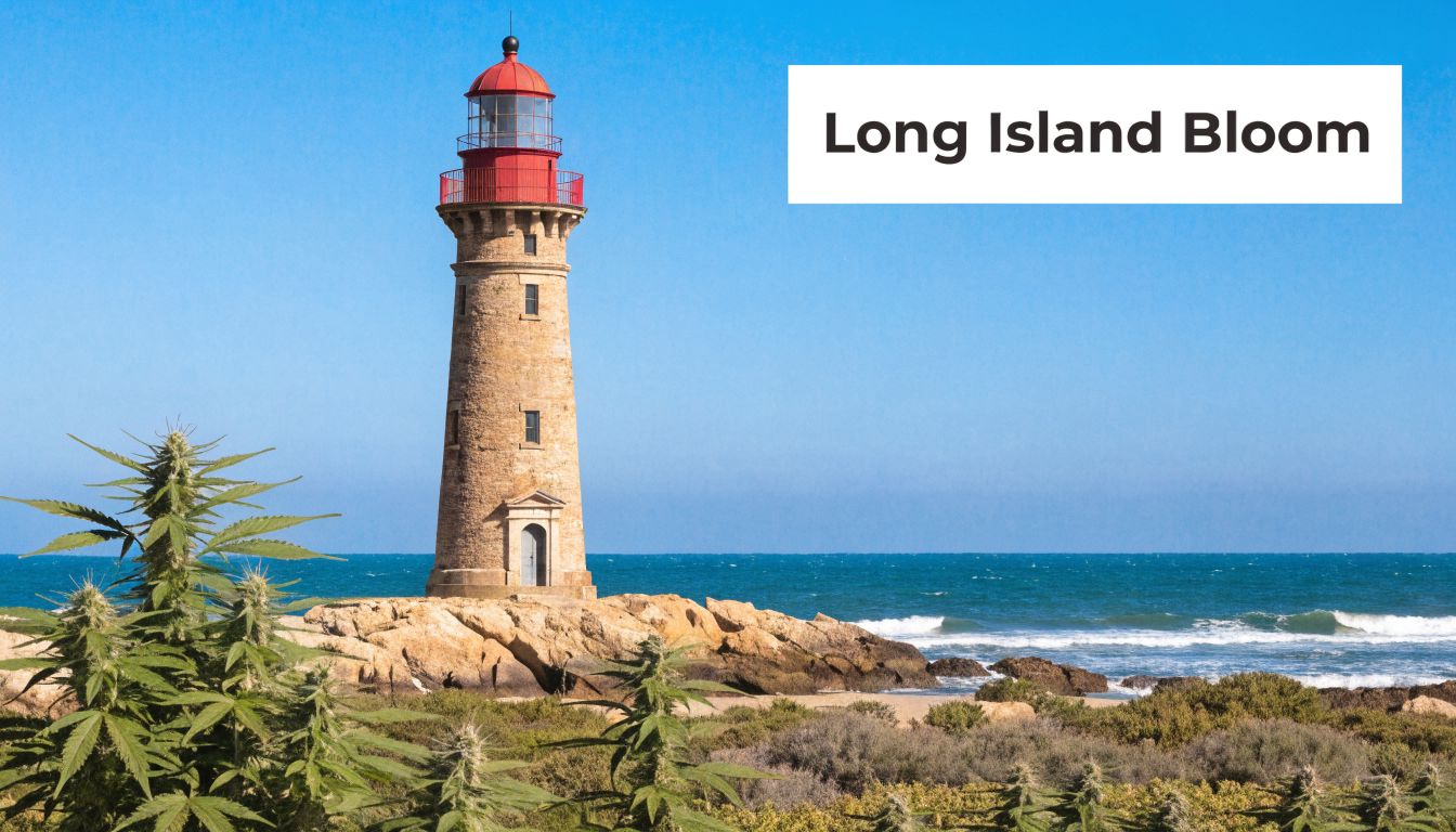 A coastal lighthouse stands behind blooming marijuana plants under a clear blue sky in Long Island.
