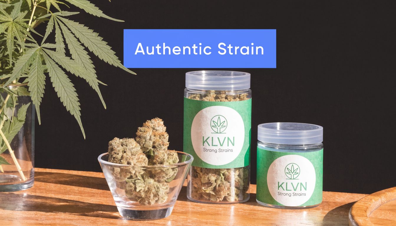 Two clear plastic jars of KLVN cannabis buds next to a small bowl and a cannabis plant.