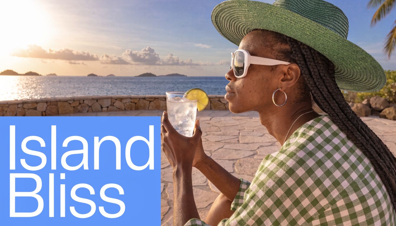 A person wearing a green hat and sunglasses enjoys a refreshing drink by the seaside at sunset.