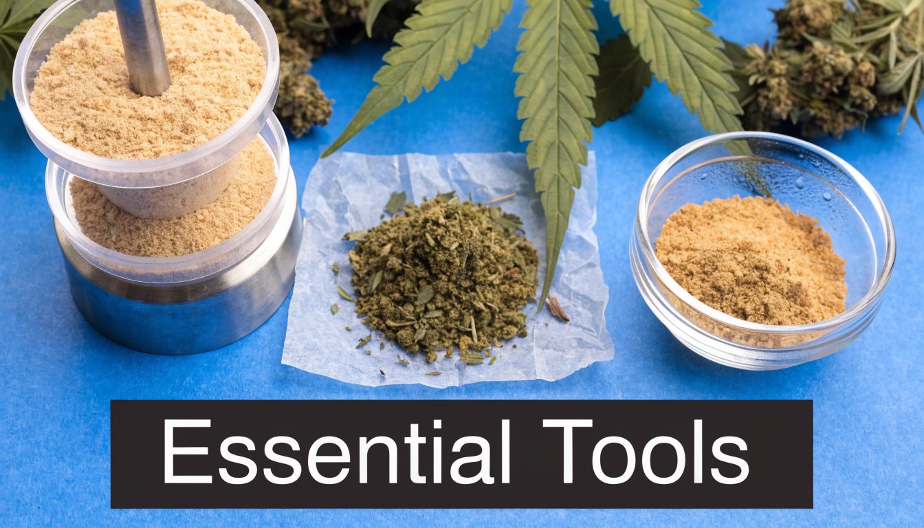 A stainless steel press, kief powder, ground cannabis, and fresh leaves on a bright blue background.