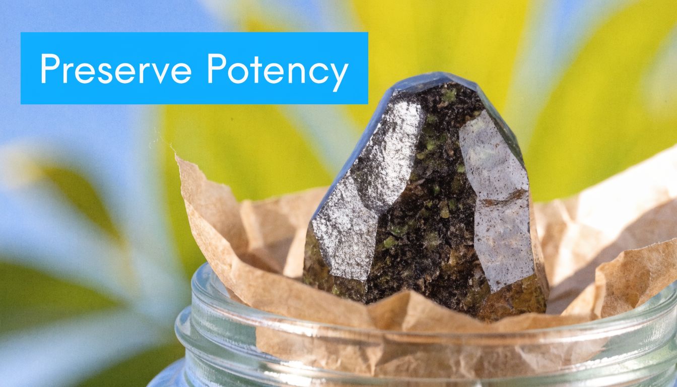 A close-up shot of a dark, crystalline substance sitting inside a glass jar on parchment paper.