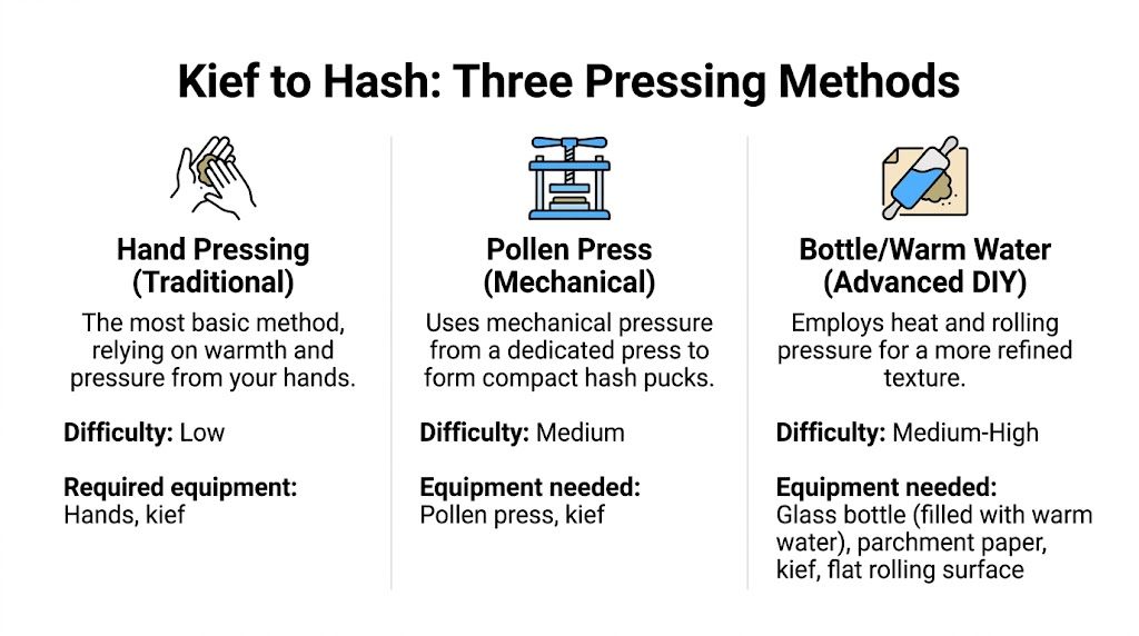 A graphic illustration detailing three different methods for processing kief into hash: hand, mechanical, and bottle/warm water.
