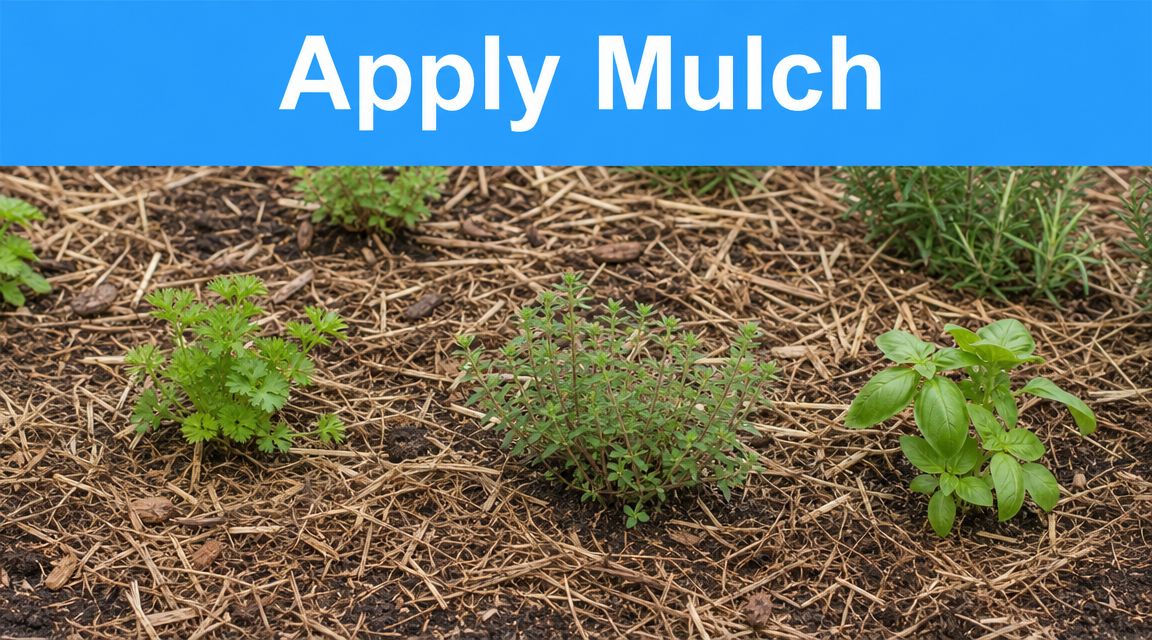 Several fresh herbs growing in a garden bed covered with a layer of straw mulch.