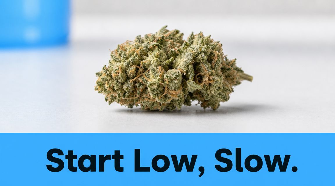 A close-up view of a dense marijuana bud on a white surface with the text Start Low, Slow.