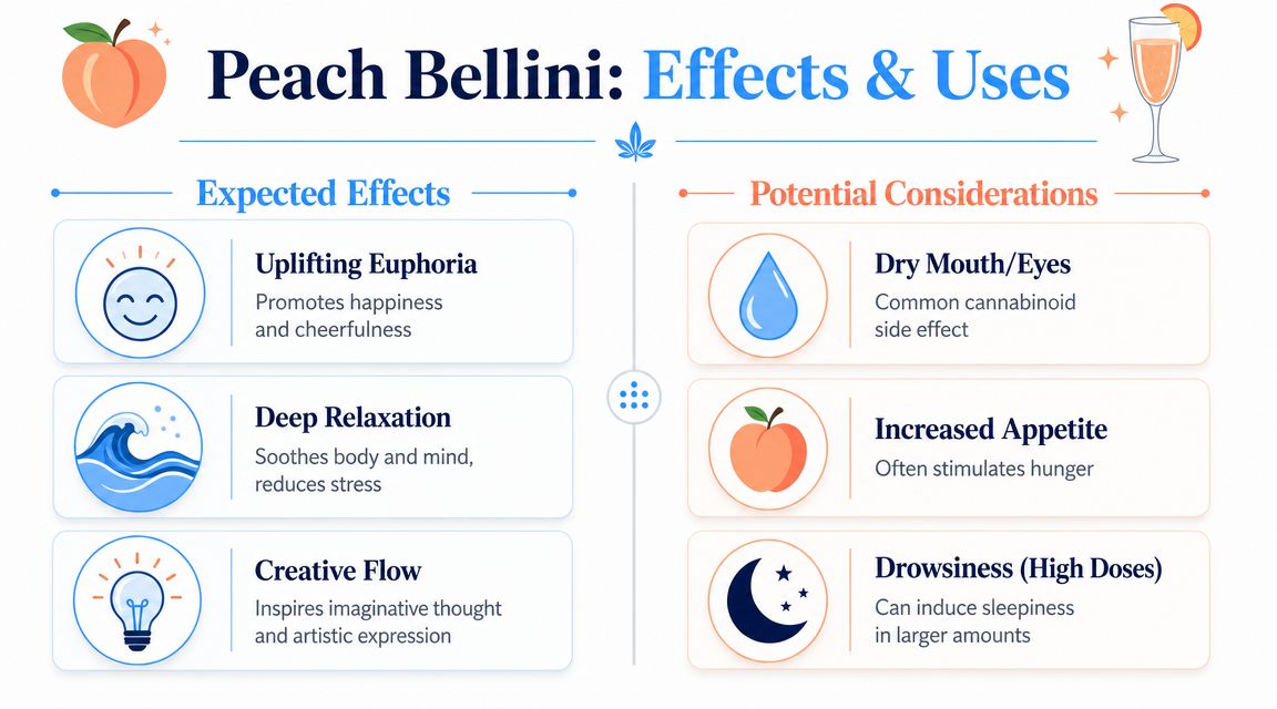 An infographic detailing the expected effects and potential considerations of the Peach Bellini cannabis strain.