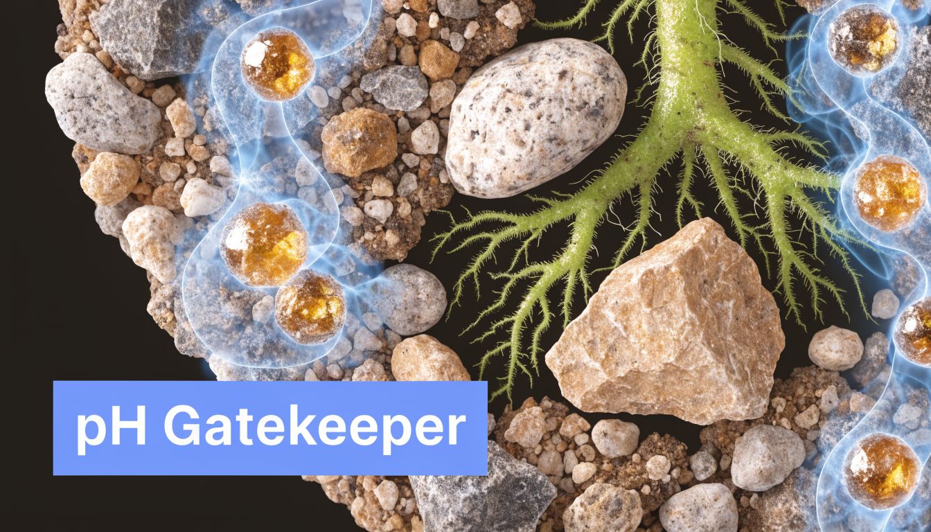 A conceptual image showing golden fertilizer particles interacting with plant roots in soil, highlighting pH balance.