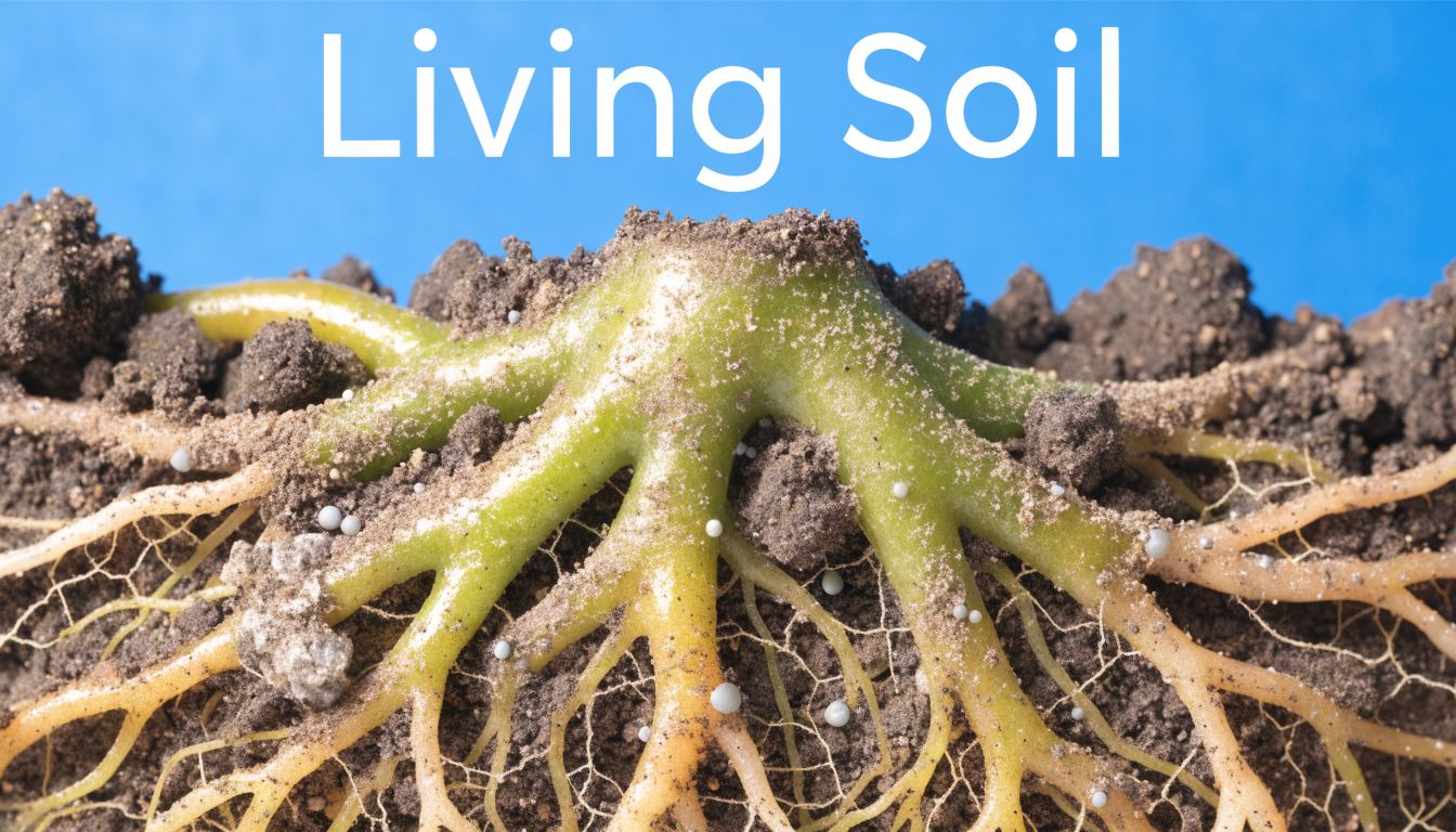Close-up of healthy plant roots growing through dark, nutrient-rich soil with small white fertilizer pellets.