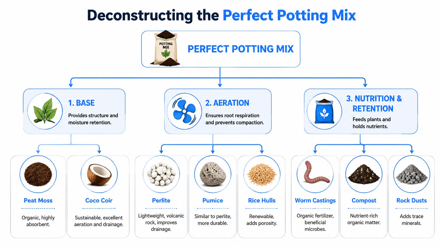 A diagram illustrating the three essential components of a perfect potting mix: base, aeration, and nutrition.