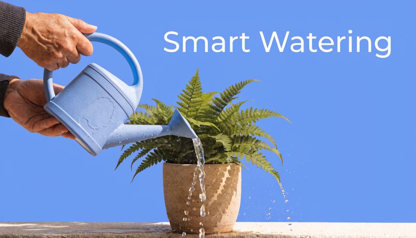 A close-up view of hands pouring water from a blue plastic watering can onto a green fern.