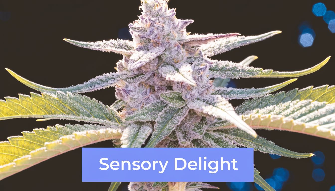 A close-up of a highly resinous purple Oreoz cannabis flower bud with a Sensory Delight overlay text.