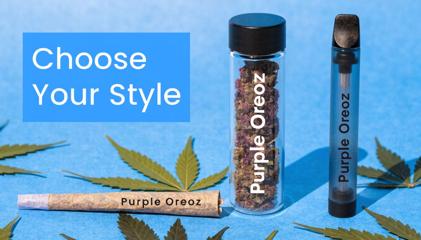 A selection of Purple Oreoz cannabis products, including a pre-rolled joint, a flower jar, and a vape pen.
