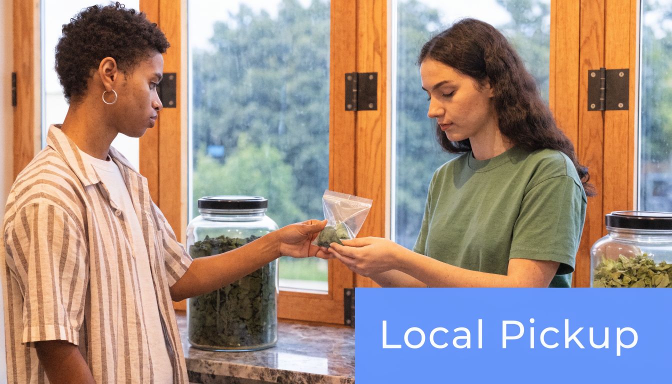 A store employee handing a small bag of Runtz Punch strain flower to a customer for pickup.