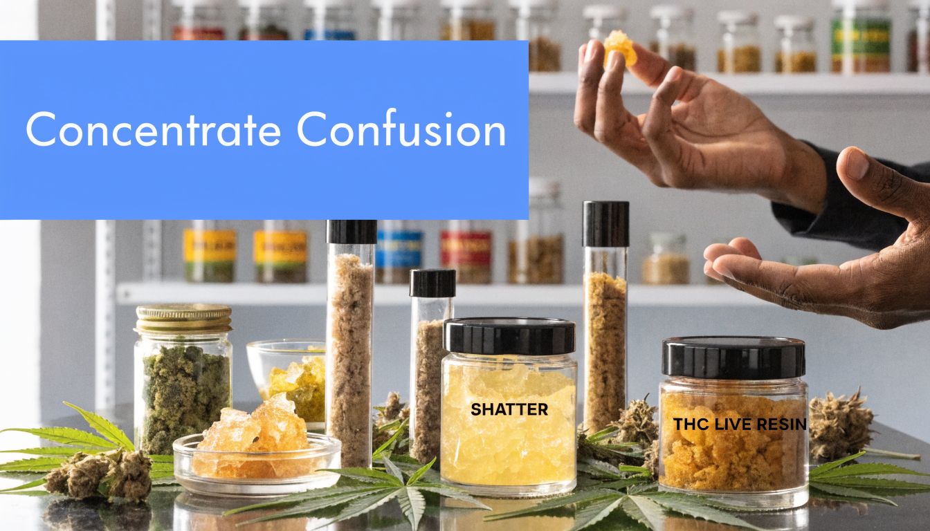 A person holds cannabis concentrate in their hands with various types of weed wax displayed in glass jars.