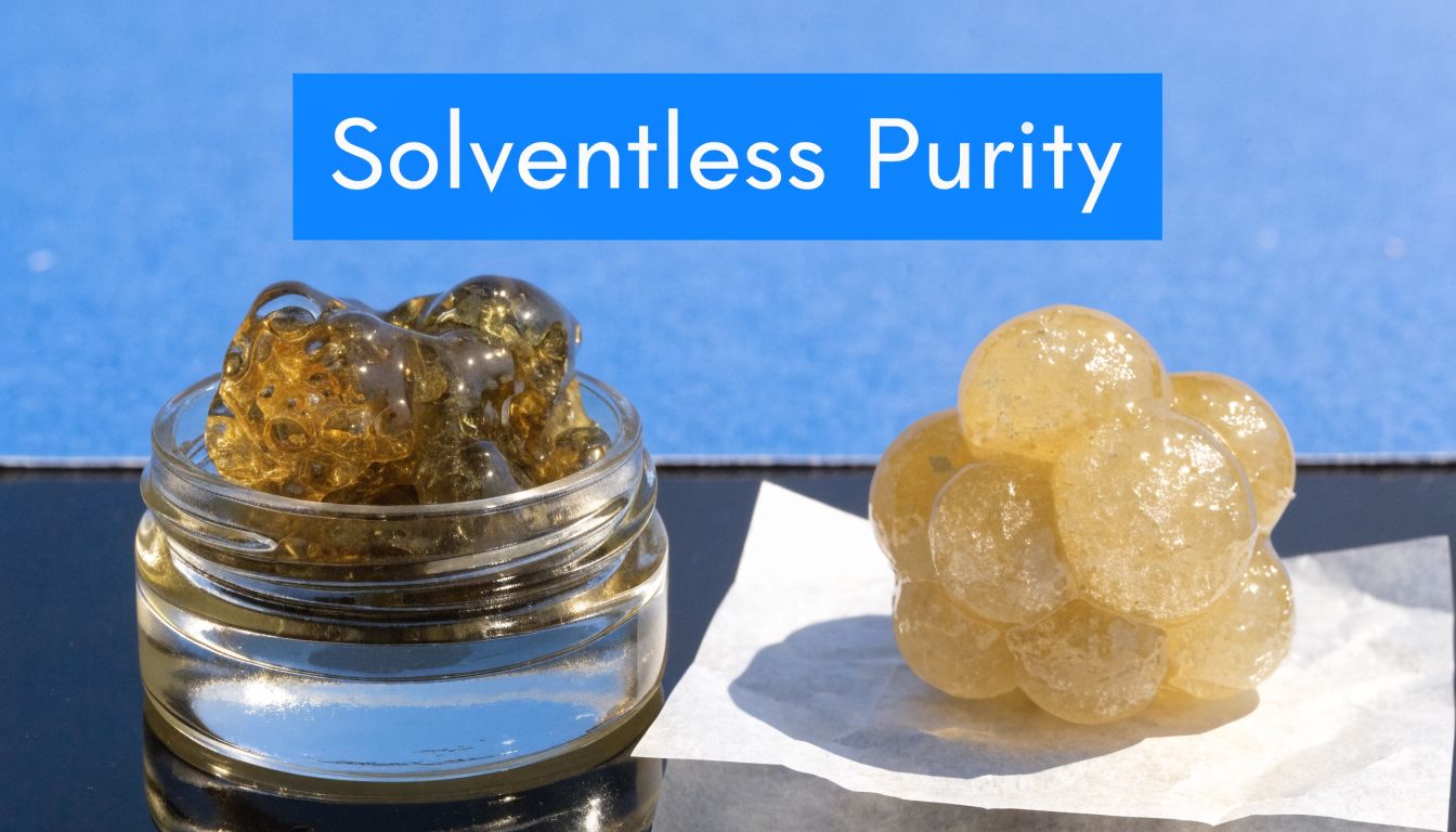 A glass jar filled with dark cannabis wax next to a cluster of lighter, solventless hash oil.