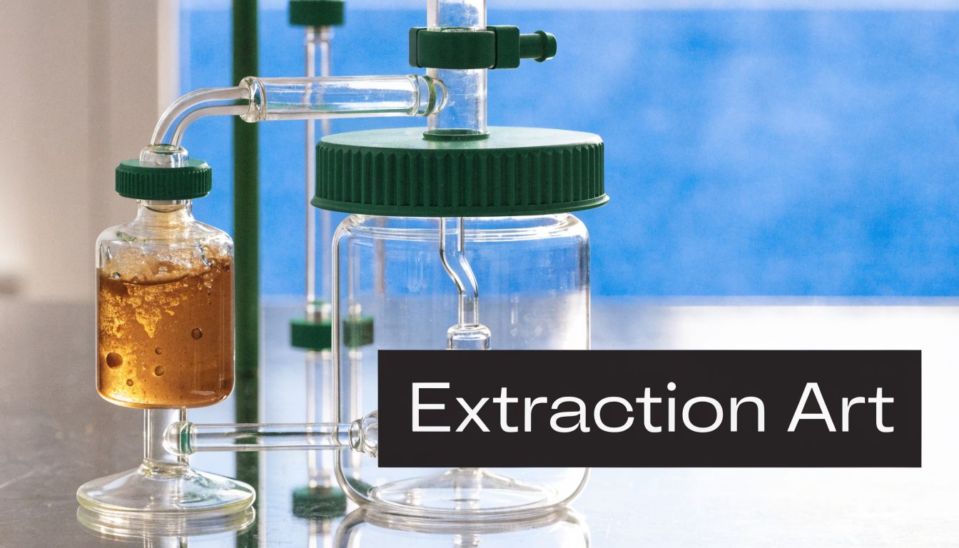 A chemical glass apparatus performing a laboratory extraction process with a brown liquid in a glass vial.