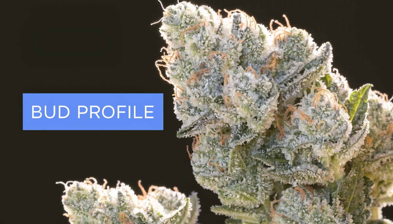 Close-up of a highly resinous cannabis flower bud with visible trichomes against a dark background.