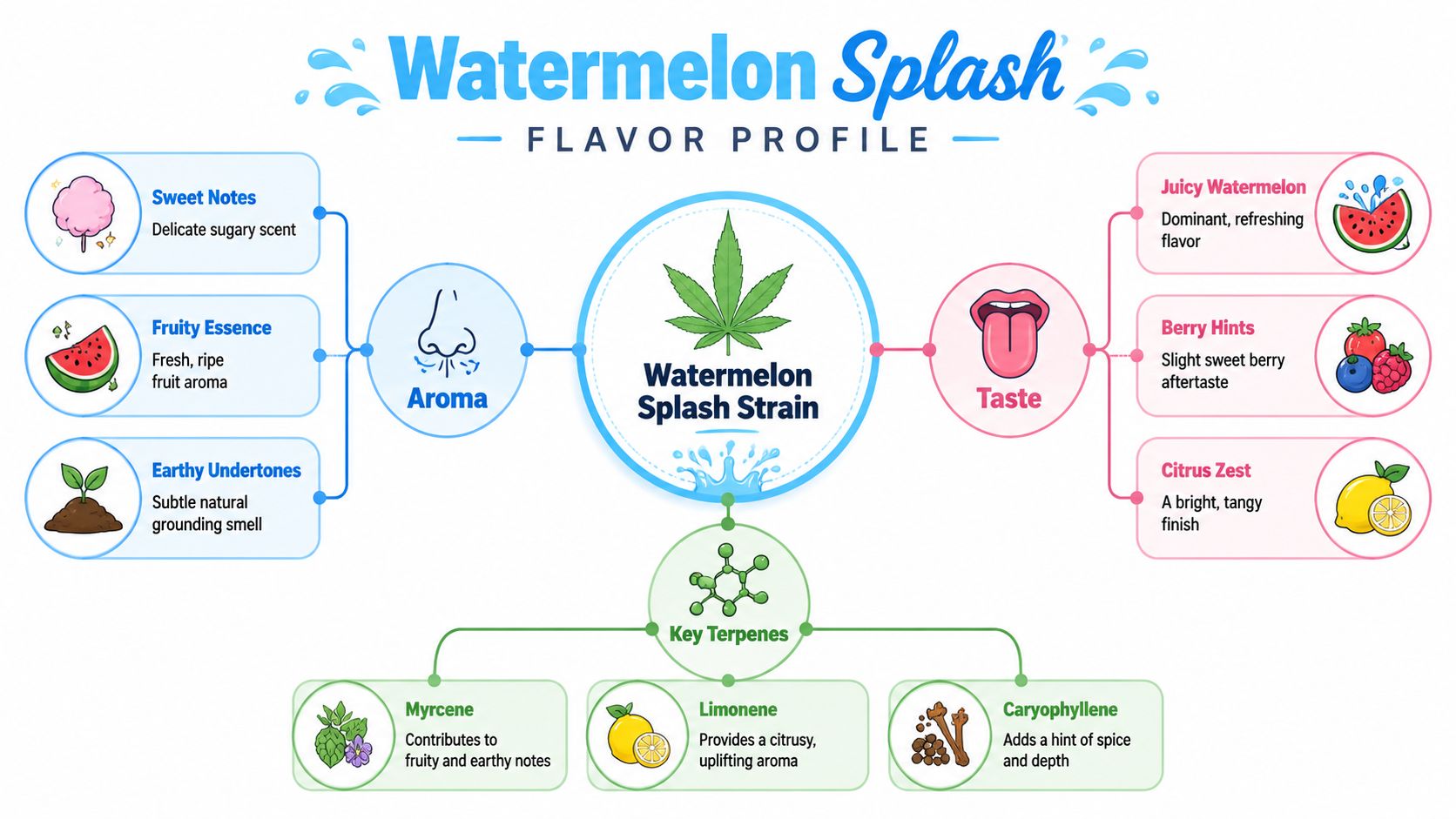 A detailed flavor profile infographic of the Watermelon Splash strain showing its aroma, taste, and key terpenes.