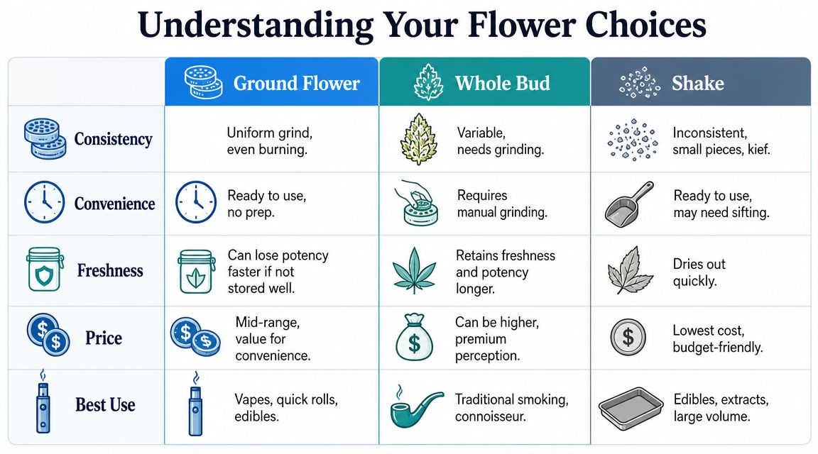 A comparison chart outlining the differences in consistency, convenience, freshness, price, and usage between ground flower, whole bud, and shake.