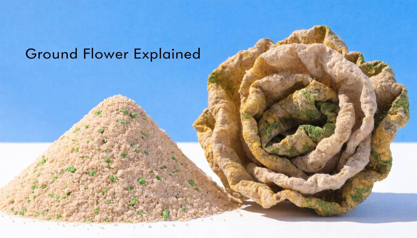 A pile of beige ground powder beside a dried, textured flower against a bright blue background.