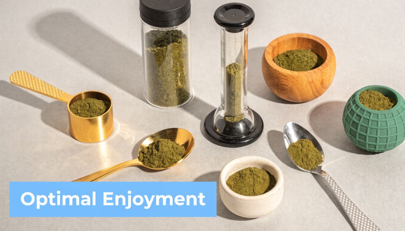 Various containers and spoons filled with a fine green powdered substance on a light grey background.