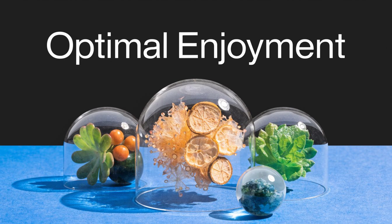 Three glass domes protect a succulent, dried citrus slices, and a mineral crystal on a blue surface.