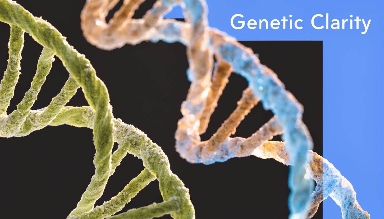 A close-up artistic rendering of DNA strands with green and blue textures against a black background.