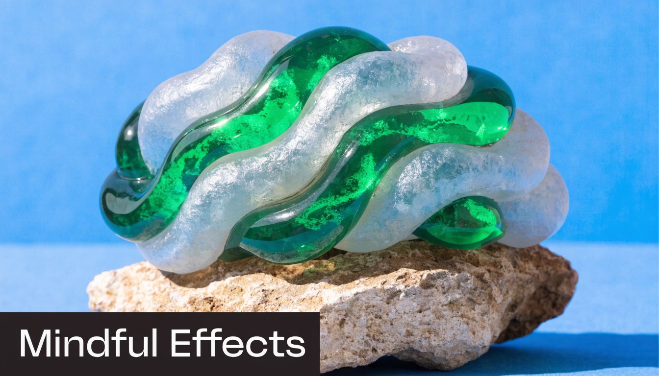 A glass art sculpture with green and white intertwined shapes resting on a rough stone surface.