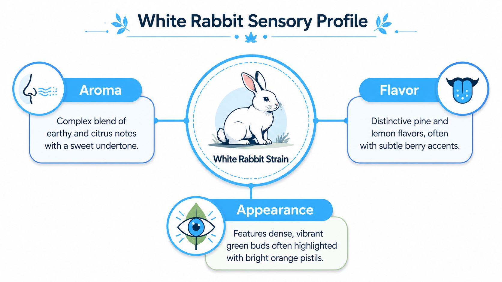 An infographic detailing the sensory profile of the White Rabbit cannabis strain, including its aroma, flavor, and appearance.